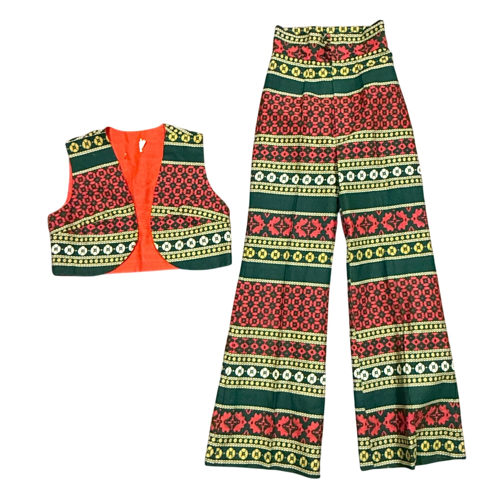 Rare Vtg 70s Women's Groovy Bell Bottom Pants And Vest Set Xs Green, Red, Gold